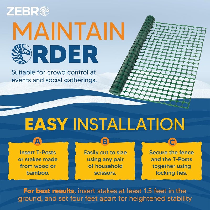 ZEBRO 4' x 100' Green Plastic Garden Fence Roll – Light Duty Mesh Fencing for Temporary Fence, Snow, Garden Netting, Animal Barrier, Agricultural Fencing & Lawn Protection - Image 3